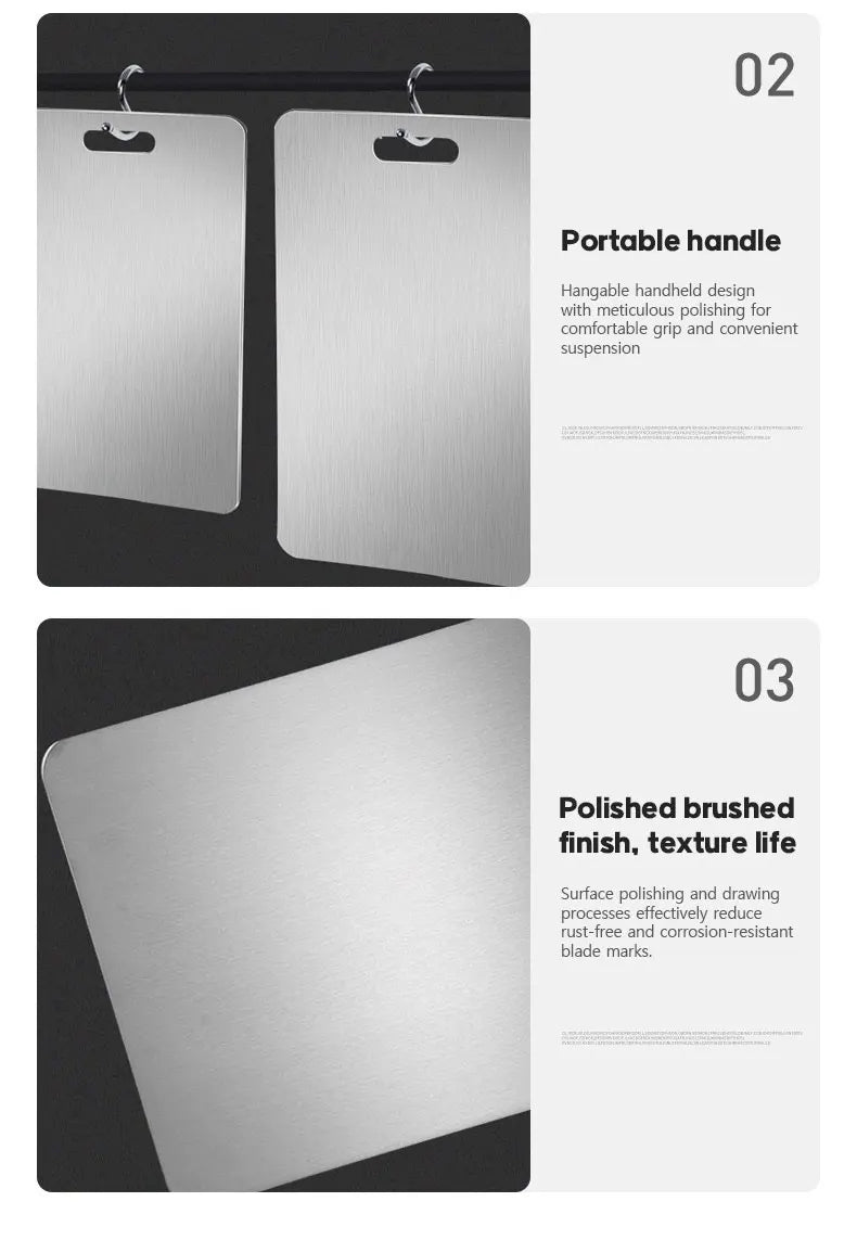 A set of three stainless steel cutting boards shown with a portable handle and polished brushed finish.