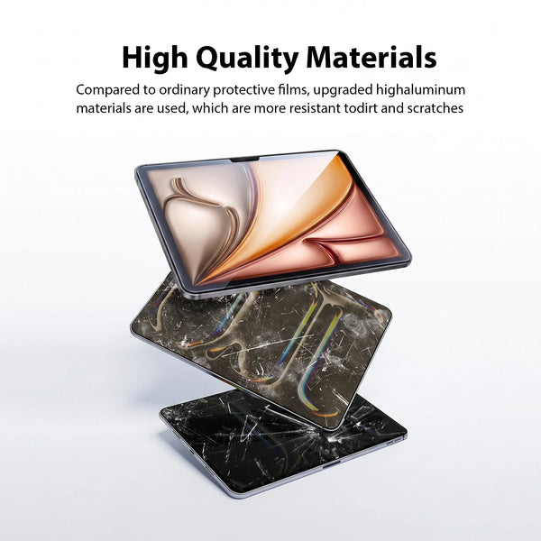 A close-up view of a clear tempered glass screen protector placed on an iPad, demonstrating high-quality materials.