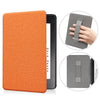 An orange premium leather case for a Kindle Paperwhite, shown alongside a gray protective cover.