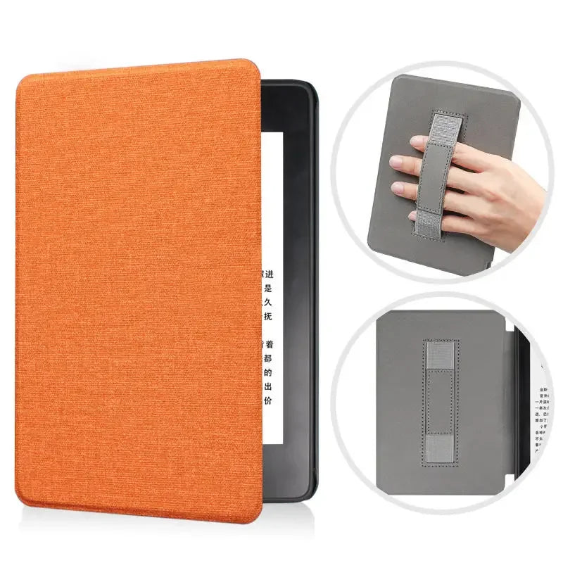 An orange premium leather case for a Kindle Paperwhite, shown alongside a gray protective cover.