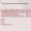 A close-up view of a pink jelly ASA profile mechanical keyboard featuring 124 keys with no print keycaps.