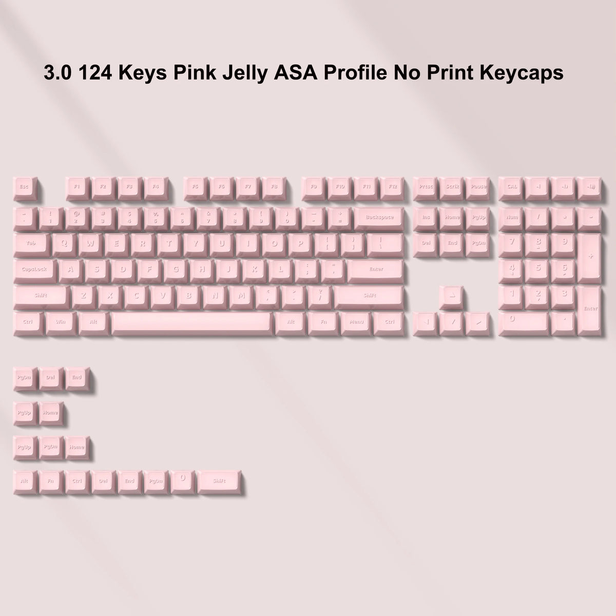 A close-up view of a pink jelly ASA profile mechanical keyboard featuring 124 keys with no print keycaps.