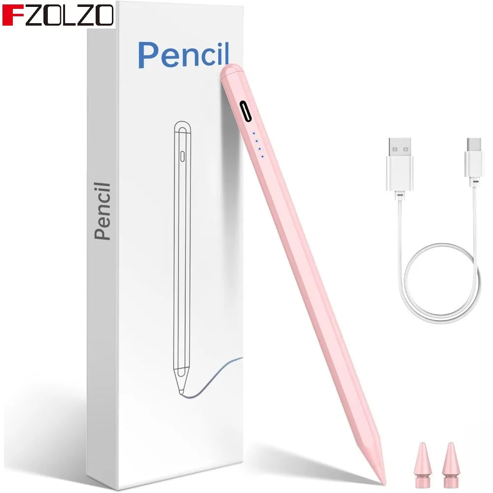 A pink precision stylus pen is shown next to its packaging and charging cable.