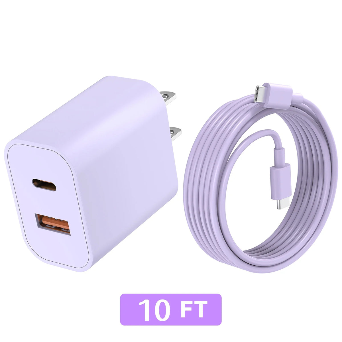 A purple 20W dual-port USB-C fast charging cable coiled and shown next to its connector head.