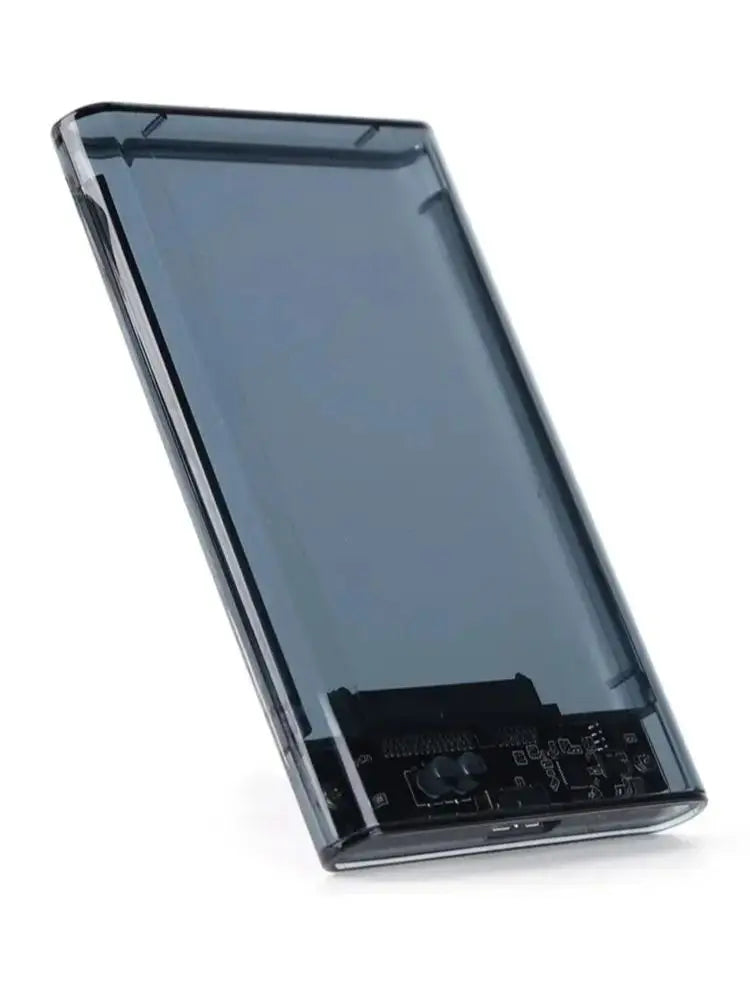 Schwarze Gehäuse für 2,5-Zoll SATA SSD oder HDD externer Festplatte, seitliche Ansicht.
