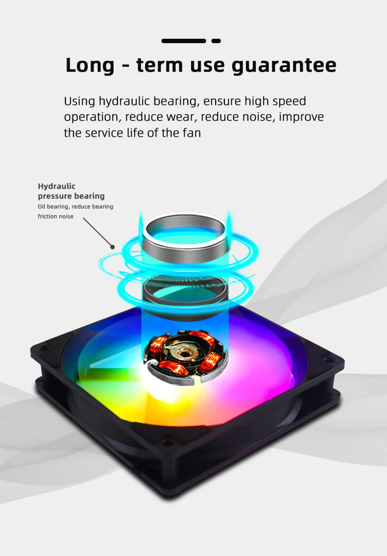 An illustration showing a cooling fan with a hydraulic bearing, emphasizing long-term use and performance.