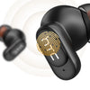 Close-up of a black True Wireless Earbud showing a fingerprint sensor for voice and gesture control.