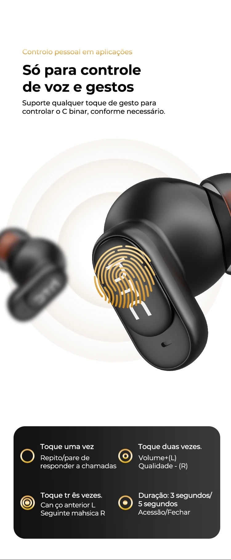 Close-up of a black True Wireless Earbud showing a fingerprint sensor for voice and gesture control.