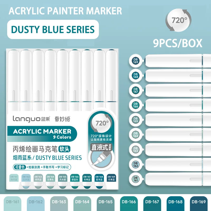 A box of Languo Acrylic Paint Markers in the Dusty Blue series featuring 9 colors for hand drawing and art
