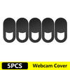 Five black privacy lens protectors designed to cover cameras on laptops and tablets