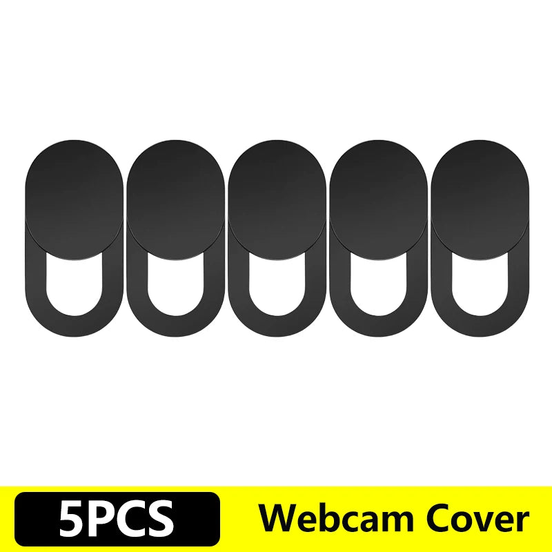 Five black privacy lens protectors designed to cover cameras on laptops and tablets