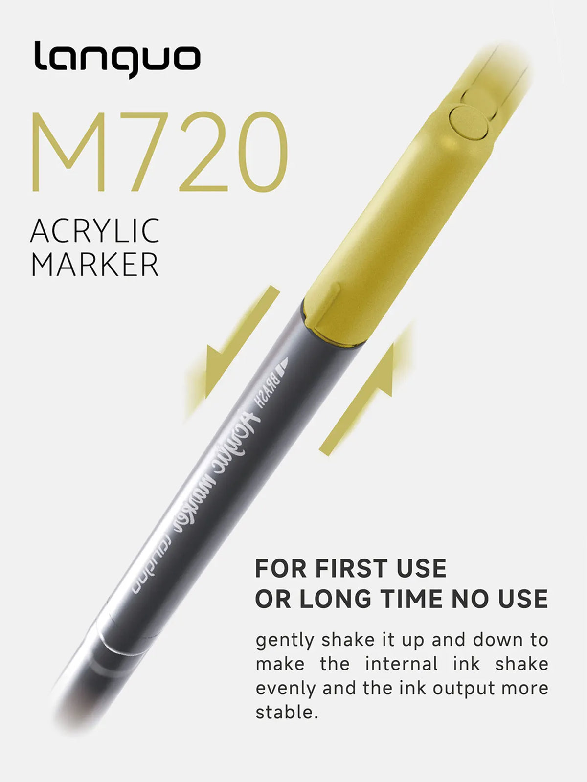 A yellow Languo M720 acrylic marker pen shown diagonally against a light background.