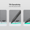 Demonstration of tilt sensitivity on a stylus pen showing 90, 60, and 30 degree angles.