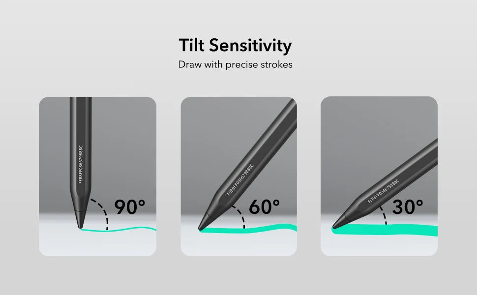 Demonstration of tilt sensitivity on a stylus pen showing 90, 60, and 30 degree angles.