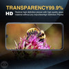 Close-up of a smartphone screen protector demonstrating 99.9% transparency on a high-definition picture of a bee on a flower.