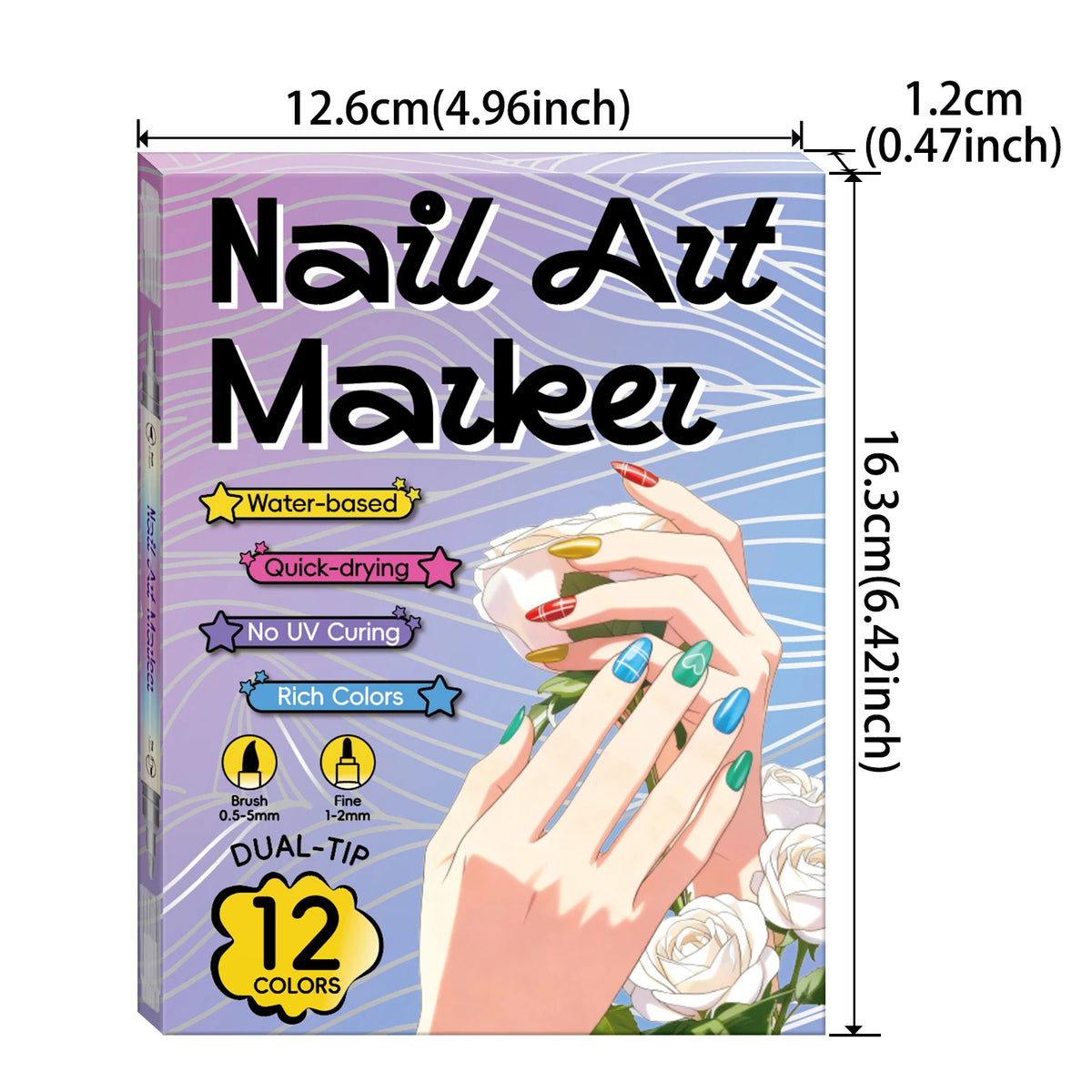 A box of Nail Art Marker featuring 12 colors and details about its water-based formula and quick-drying properties.
