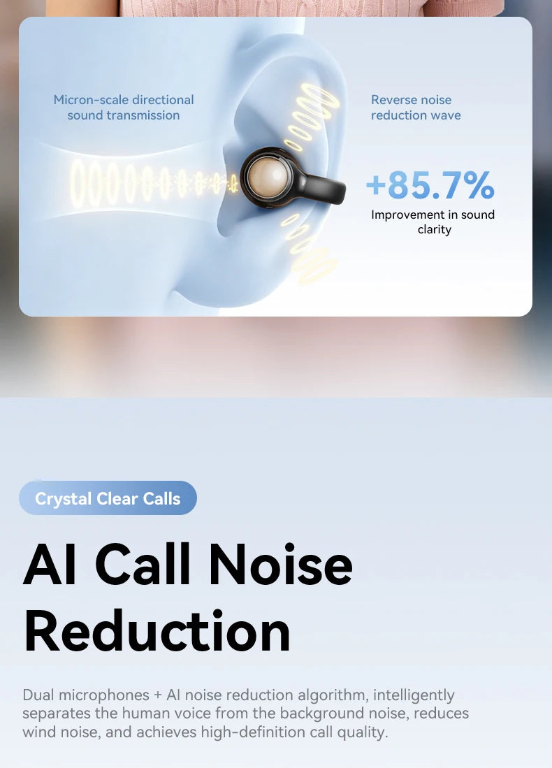 Close-up of wireless earbuds demonstrating micron-scale directional sound transmission and noise reduction technology.