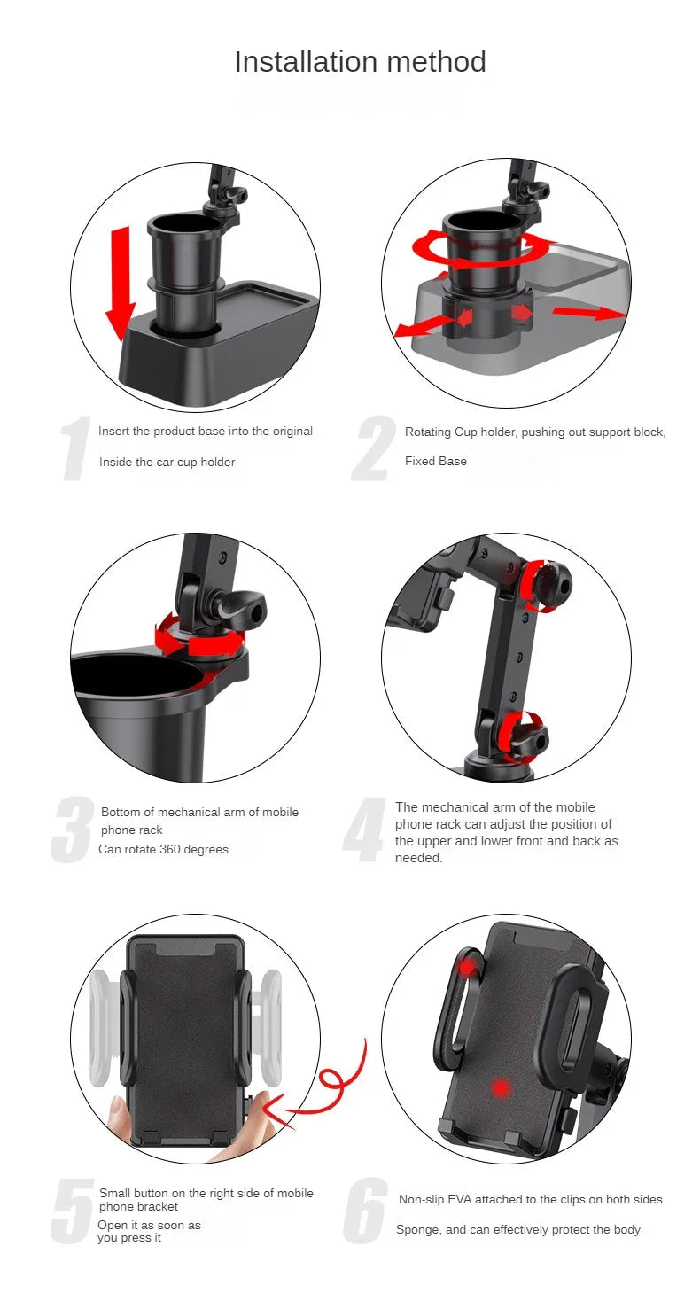 Installation method showing how to insert the product base and attach the mobile phone rack for a car cup holder mount