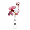 A pink and white strawberry-themed badge reel featuring a nurse design with text and a stethoscope.