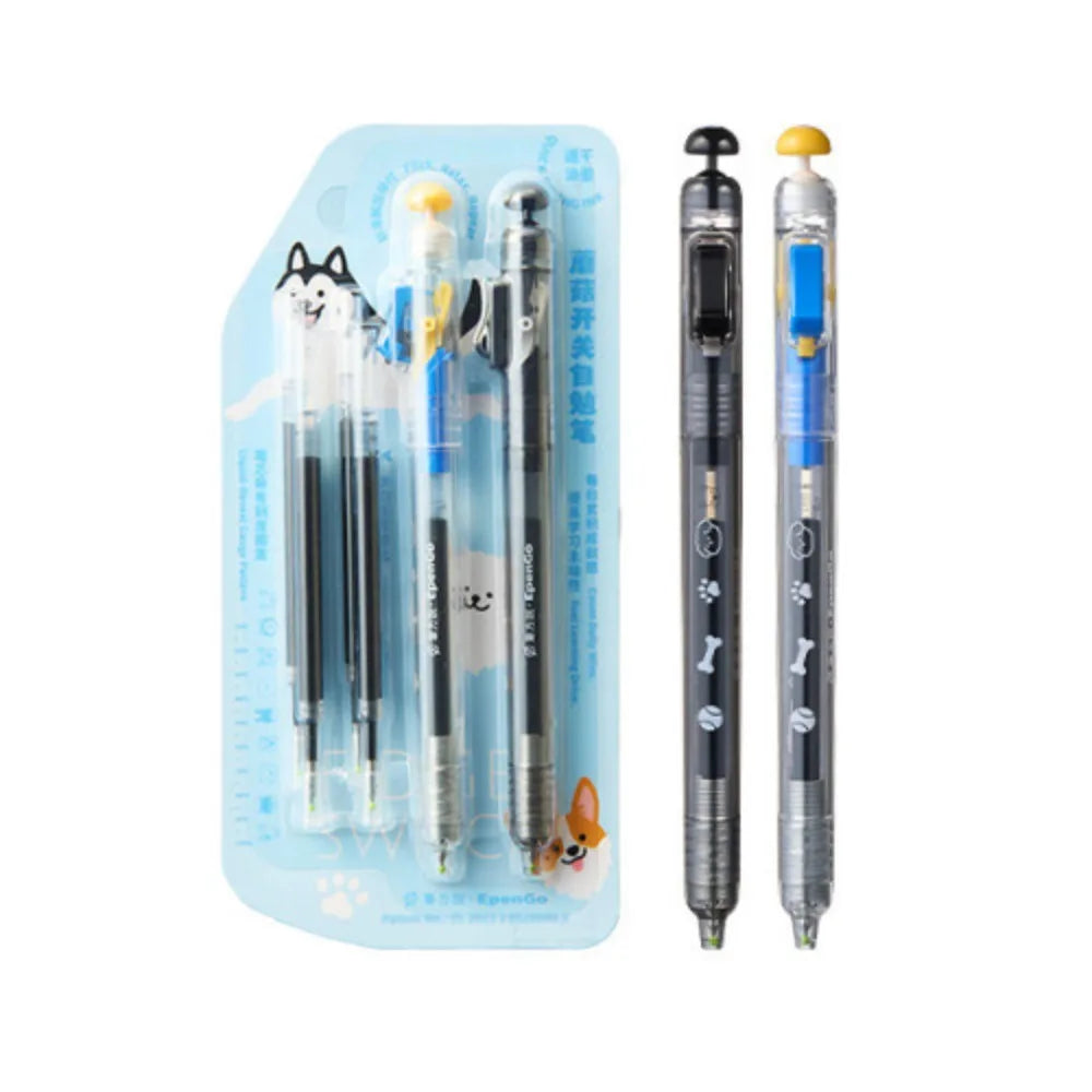 A set of color changing fidget pens in clear and black casings with yellow tips displayed on a light blue background.