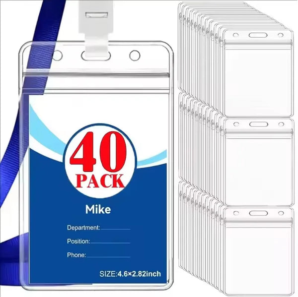 Paket mit 40 Ausweiskartenhalter oder -hüllen für Mike, inklusive Verpackung und gestapelte Artikel.
