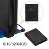 A black universal PS2 memory card is shown with an inset highlighting its 8MB capacity and a separate 8/16/32/64GB card.