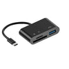 Adaptador de tarjeta de memoria 3 en 1 negro para USB-C con cable flexible.