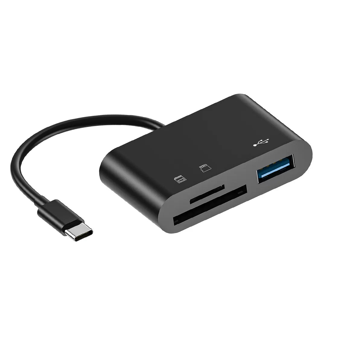Adaptador de tarjeta de memoria 3 en 1 negro para USB-C con cable flexible.