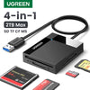 Adaptador multilector de tarjetas UGREEN 4 en 1 con interfaz USB negra y múltiples ranuras para tarjetas SD, TF y CF.
