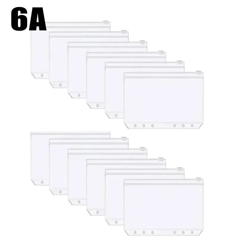 A set of six A6 zippered budget envelopes for notebooks.