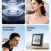 Image showing features of wireless earbuds including panoramic surround sound, dual noise reduction, zero pressure comfort, a