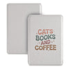 A square, light gray magnetic folio cover for an e-reader featuring the text Cats Books and Coffee.