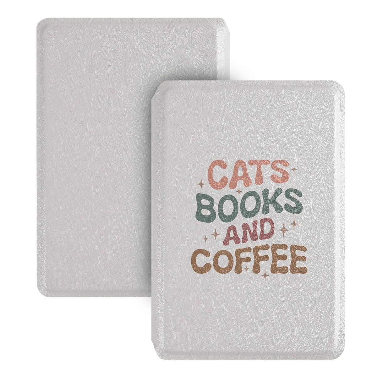 A square, light gray magnetic folio cover for an e-reader featuring the text Cats Books and Coffee.