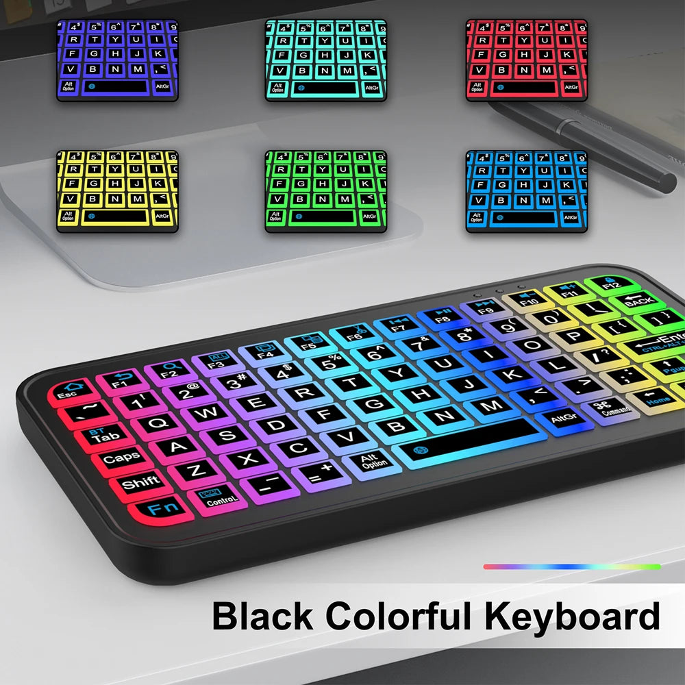 A close-up view of a black colorful keyboard with RGB backlighting and various key layouts.