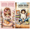 A monthly planner cover featuring a girl reading a book surrounded by stacked books and pink floral elements.