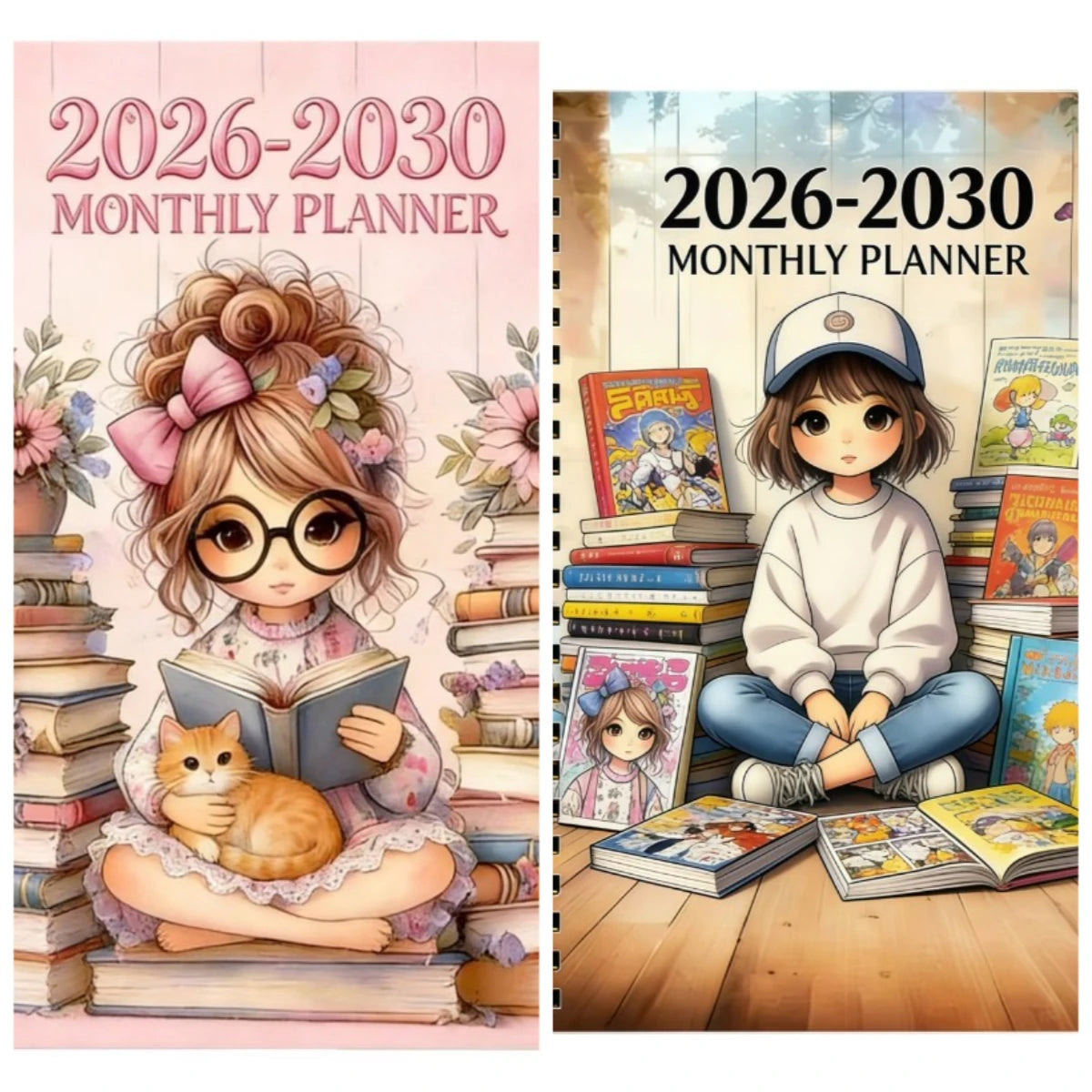 A monthly planner cover featuring a girl reading a book surrounded by stacked books and pink floral elements.