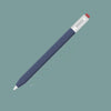 A blue and white stylus pen with a red tip and protective cover shown diagonally against a muted green background.