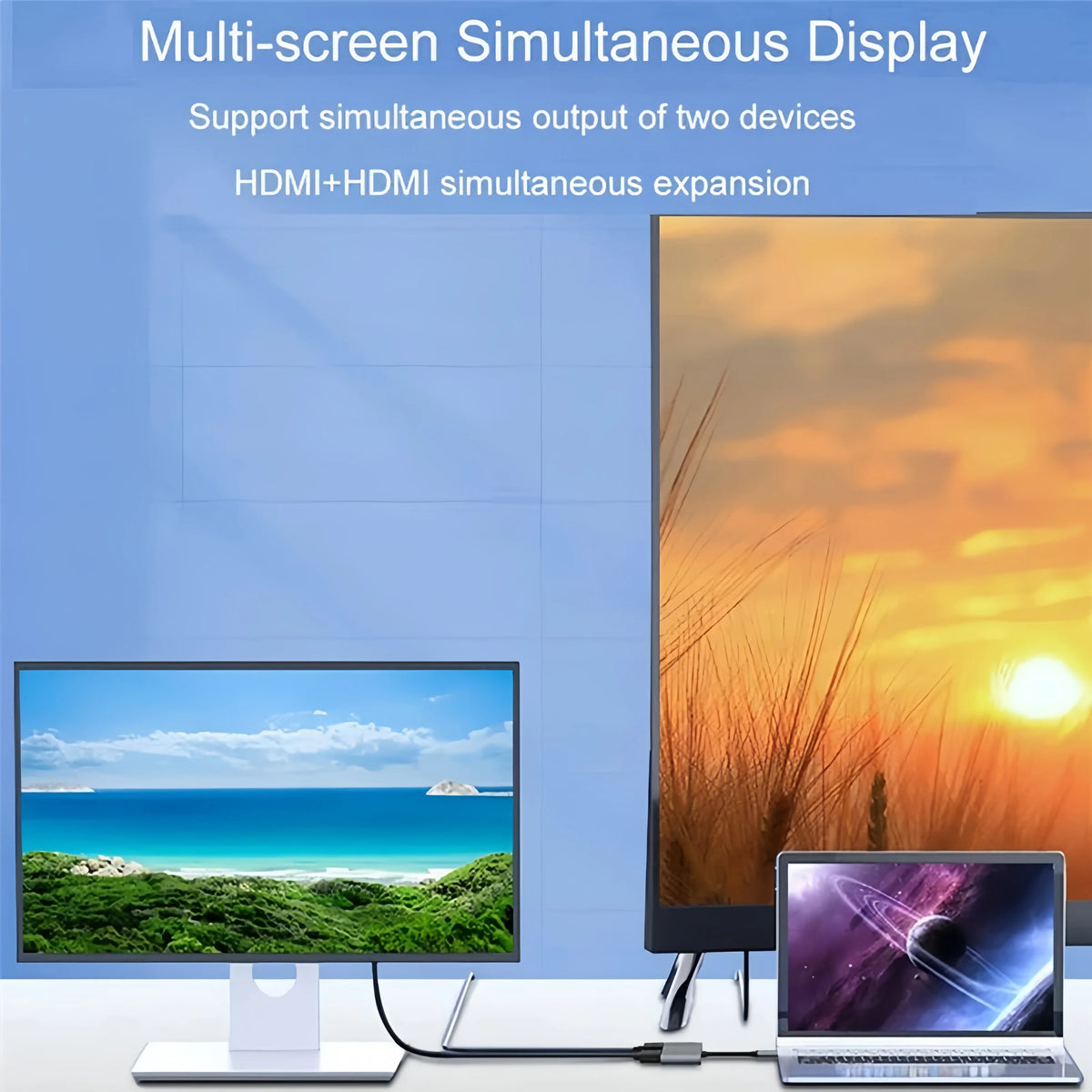 A multi-screen simultaneous display setup showing a laptop connected to a dock with dual HDMI outputs.