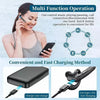 A woman is shown using multi-function wireless earphones for music and calls, alongside a charging case and a fast charging c
