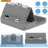 Gray storage bag with slots for mobile phone, headphones, and two touch pens.