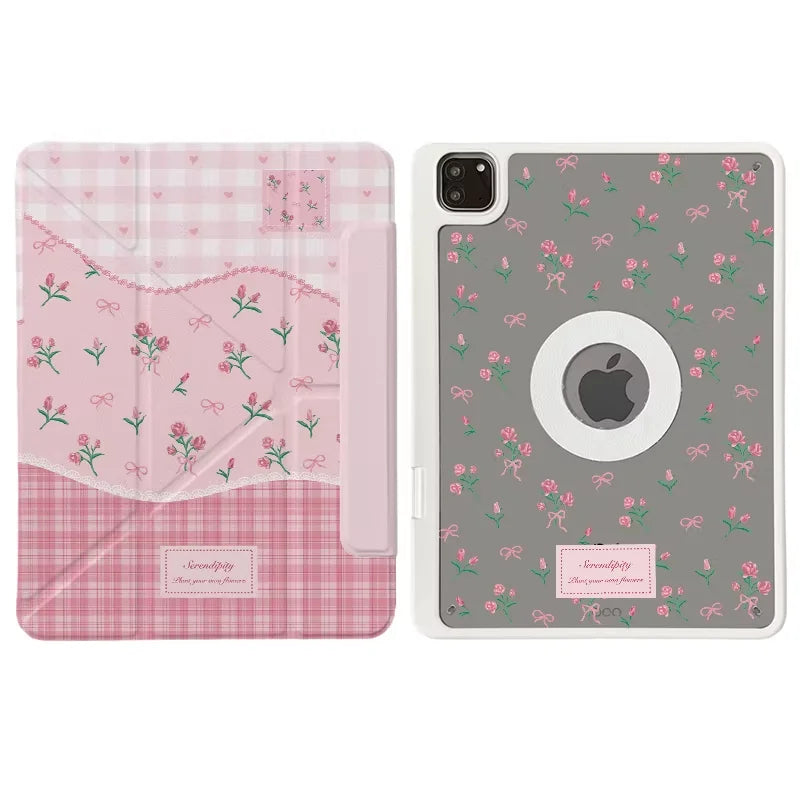 A pink floral print magnetic iPad case with a stand featuring pink and green foliage patterns.