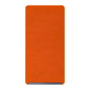 An orange flexible silicone phone stand with a silver base.