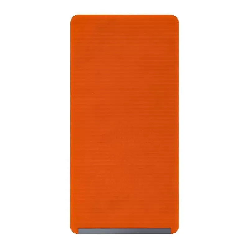 An orange flexible silicone phone stand with a silver base.