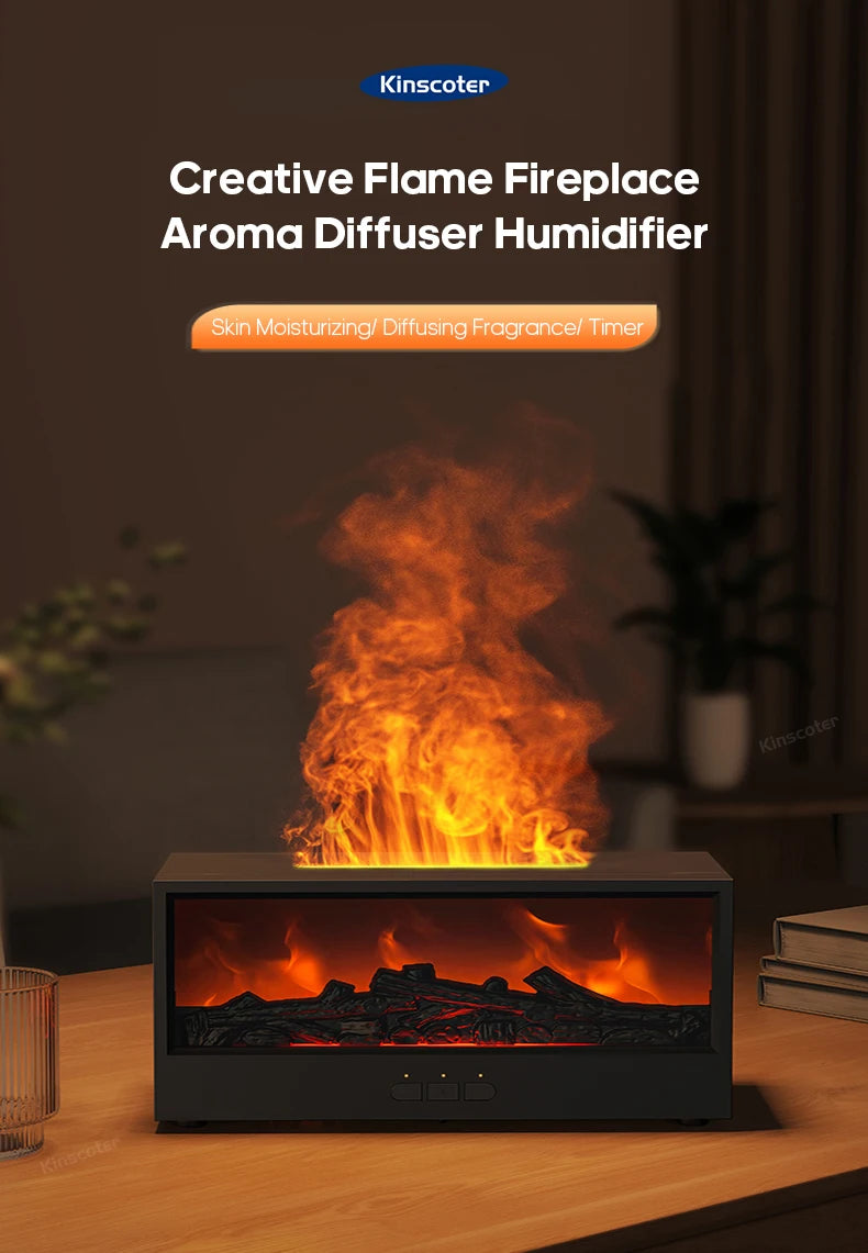 A black flame fireplace aroma diffuser humidifier is displayed on a wooden table, showing bright orange flames.