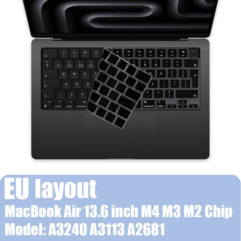 Open view of a MacBook Air showing the keyboard and palm rest, with an EU layout displayed below.