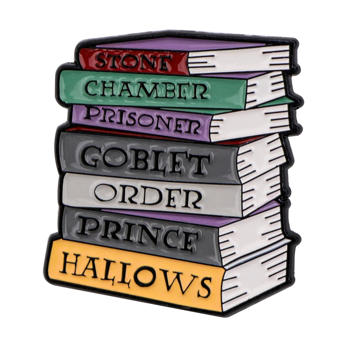 A lapel pin featuring five stacked enamel books with titles like Stont Chamber Prisoner Goblet Order Prince Hallows