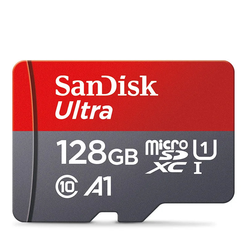 Rote und graue SanDisk Ultra Speicherkarte mit 128 GB Kapazität und Kompatibilität für iPhone A1.