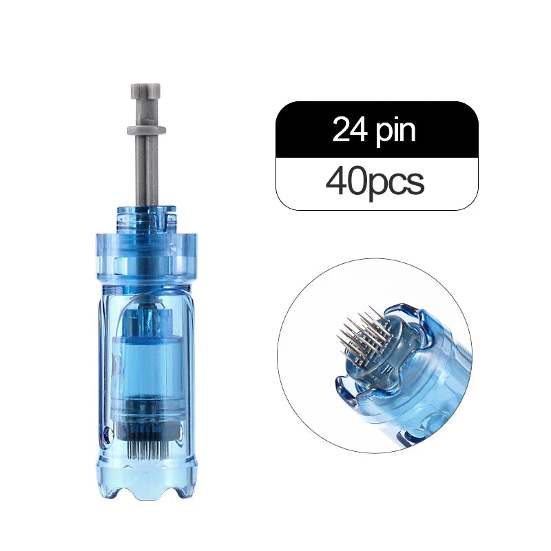 A clear blue Dr. Pen microneedling cartridge with a metal needle and packaging information.