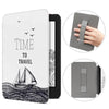 A gray leather case for a Kindle Paperwhite device is shown alongside the device.