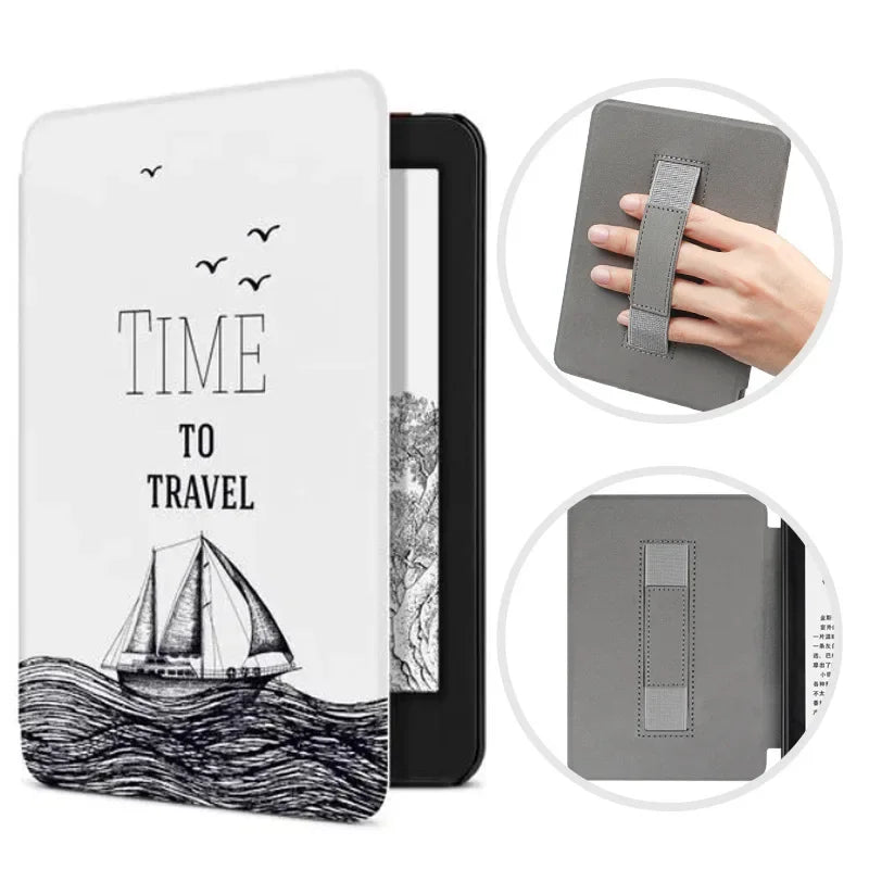 A gray leather case for a Kindle Paperwhite device is shown alongside the device.